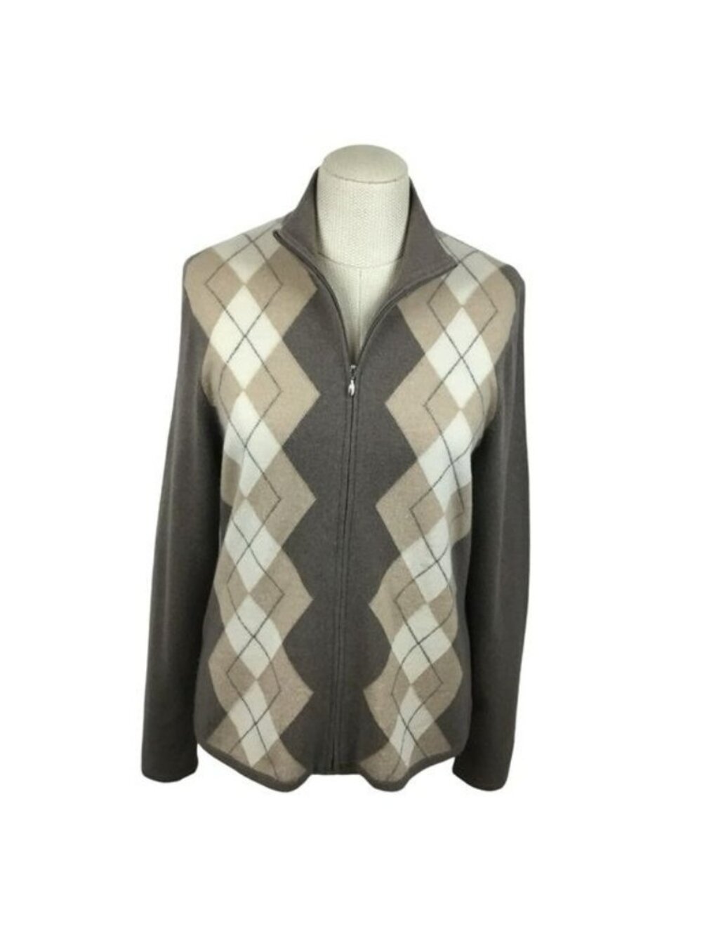 Charter Club Argyle 2-Ply Cashmere Full Zip Cardigan Womens Large